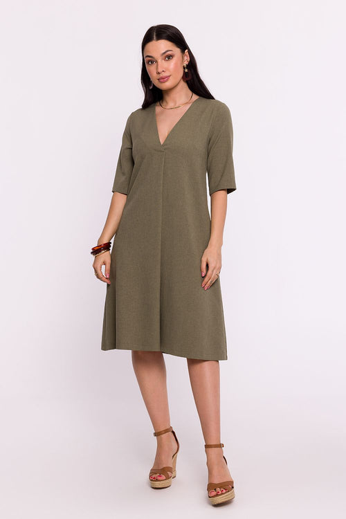 BeWear Women's Summer/Fall Midi Solid V-neck Wedding Guest Dress