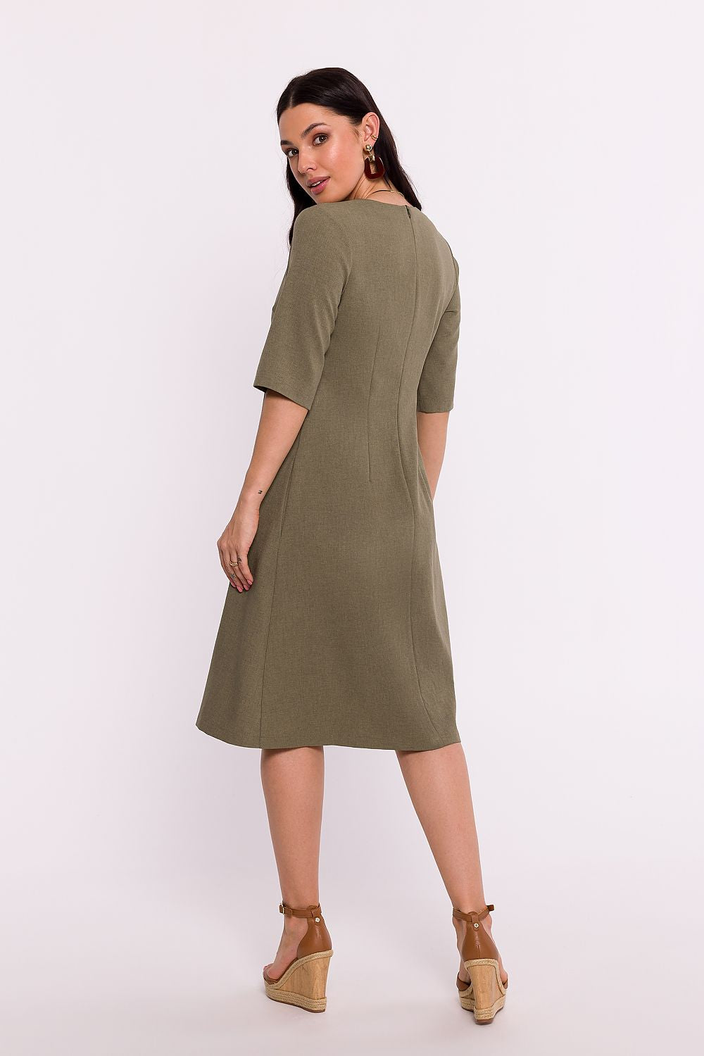 BeWear Women's Summer/Fall Midi Solid V-neck Wedding Guest Dress