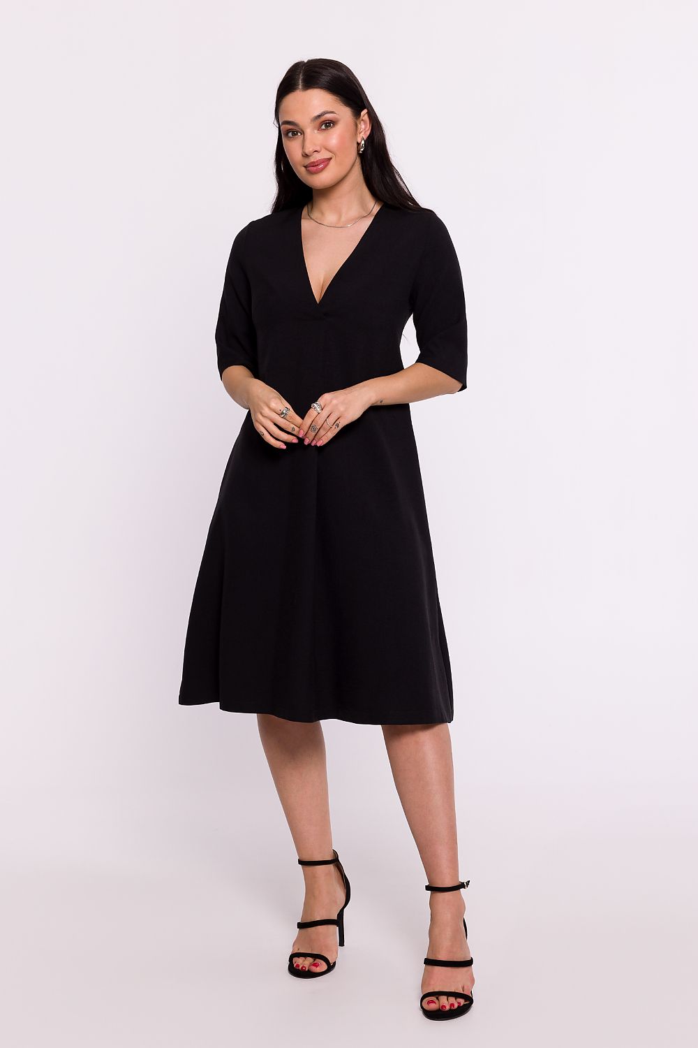 BeWear Women's Summer/Fall Midi Solid V-neck Wedding Guest Dress