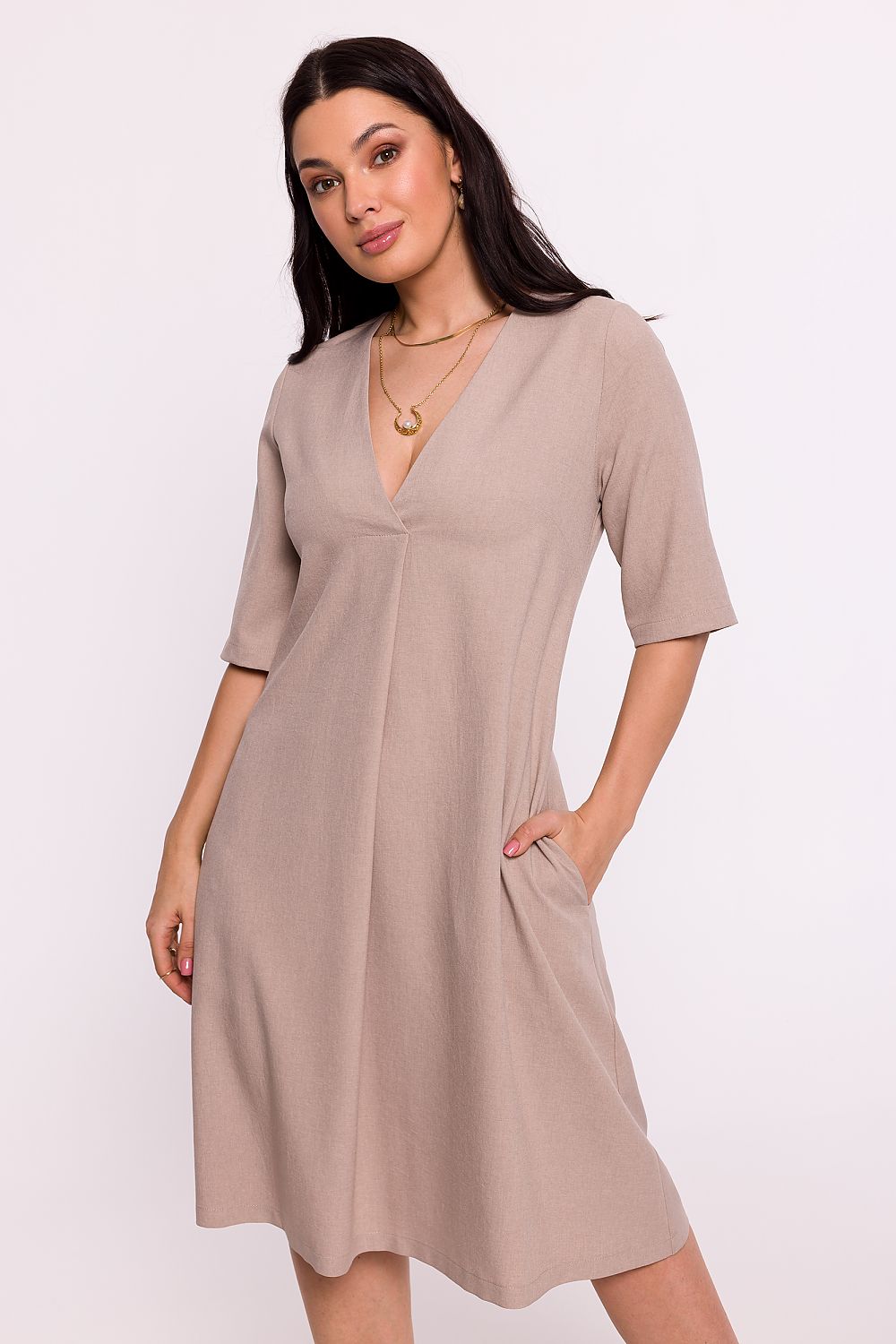 BeWear Women's Summer/Fall Midi Solid V-neck Wedding Guest Dress