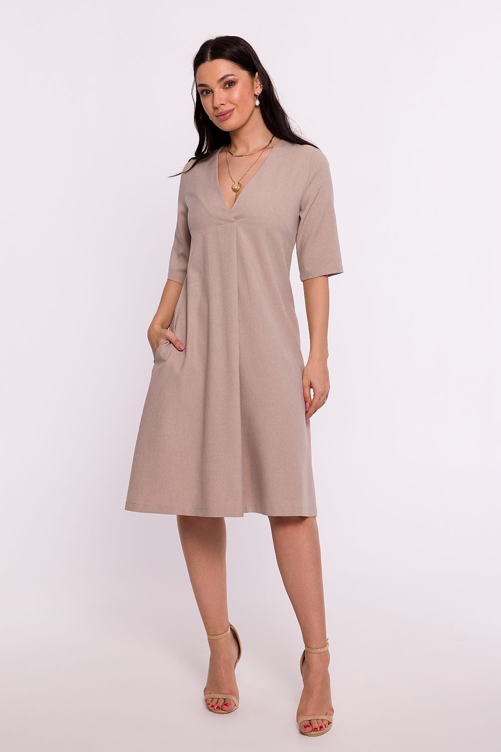 BeWear Women's Summer/Fall Midi Solid V-neck Wedding Guest Dress