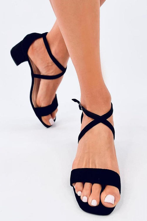 INELLO Women's Black European-made Suede Squared Heels Sandals with Crossed Straps