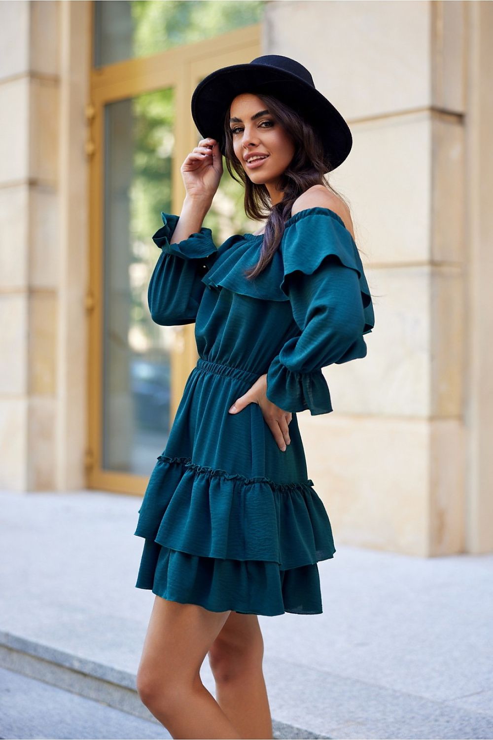 ROCO FASHION Women's Casual European Spanish-style Mini Off-the-Shoulder Ruffled Dress