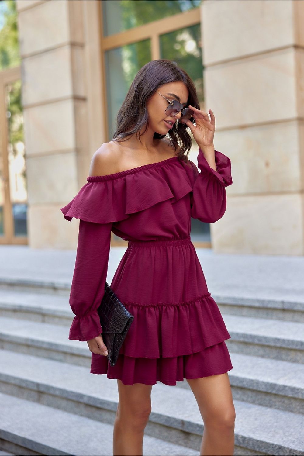 ROCO FASHION Women's Casual European Spanish-style Mini Off-the-Shoulder Ruffled Dress