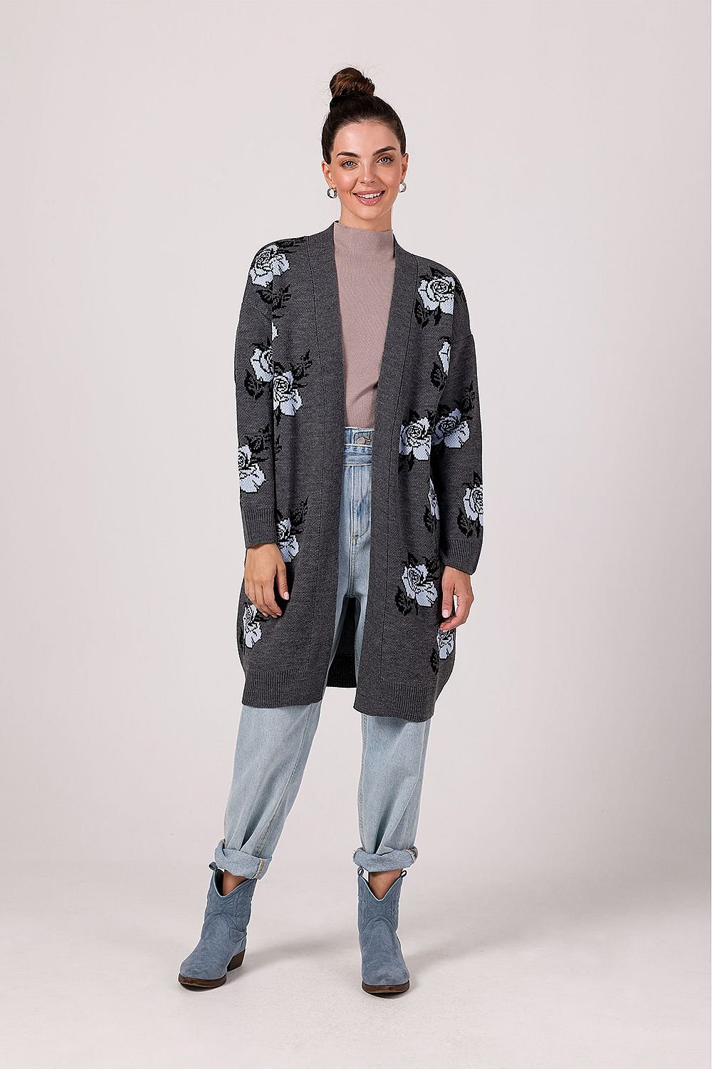 BE KNIT Women's European-made Long Opened Flower Sweater Cardigan