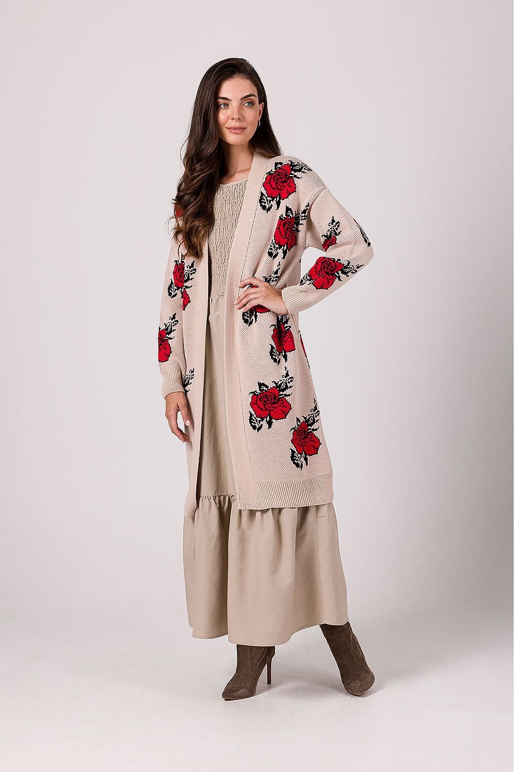BE KNIT Women's European-made Long Opened Flower Sweater Cardigan