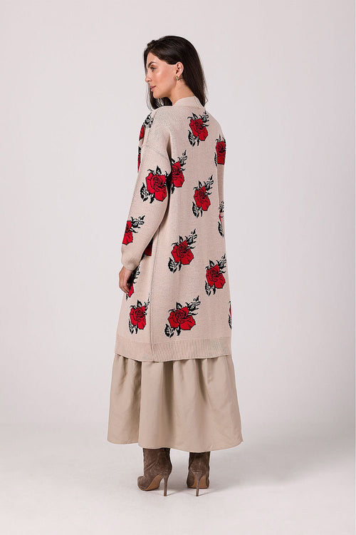 BE KNIT Women's European-made Long Opened Flower Sweater Cardigan