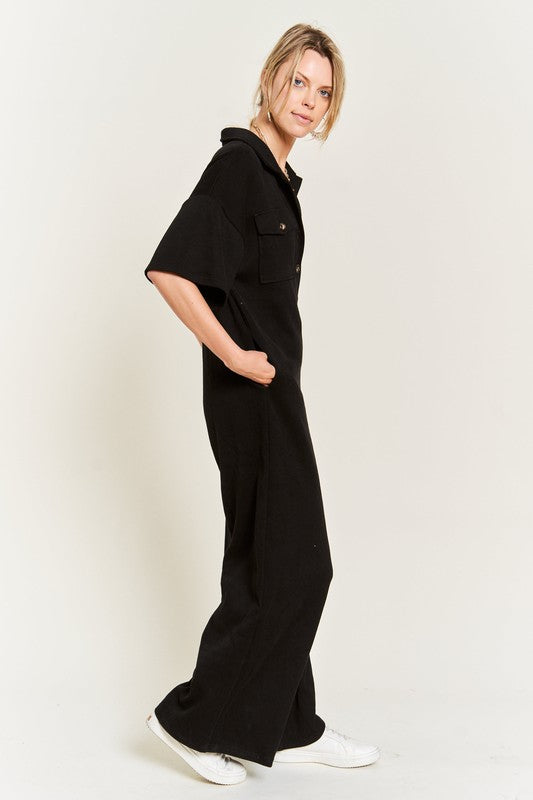 Jade by Jane Women's Basic Collar Shirt Wide Leg Jumpsuit