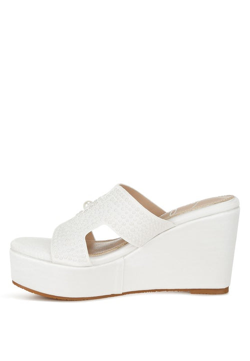 Renier Satin Pearl Detail Wedge Sandals