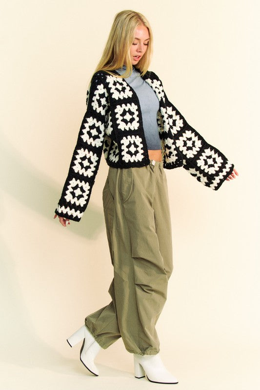 DAVI & DANI Full Size Two Tone Flower Square Crochet Open Front Cardigan