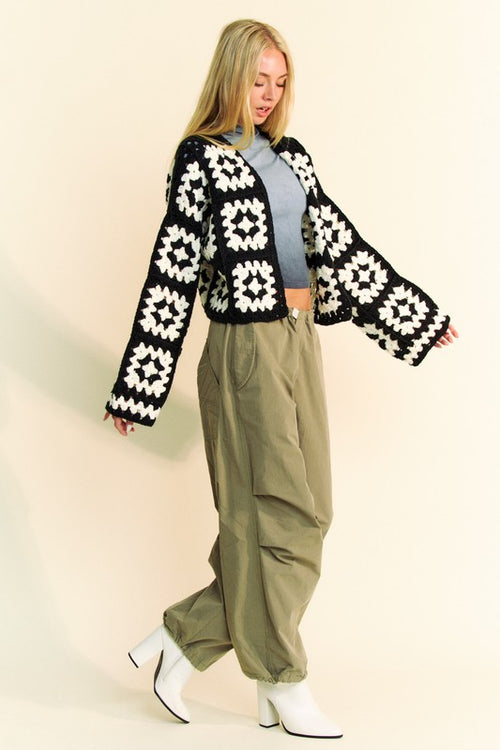DAVI & DANI Full Size Two Tone Flower Square Crochet Open Front Cardigan