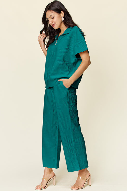 DOUBLE TAKE Full Size Texture Half Zip Short Sleeve Top and Pants Set