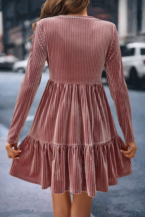 Brown Tie Back Square Neck Velvet Babydoll Dress
