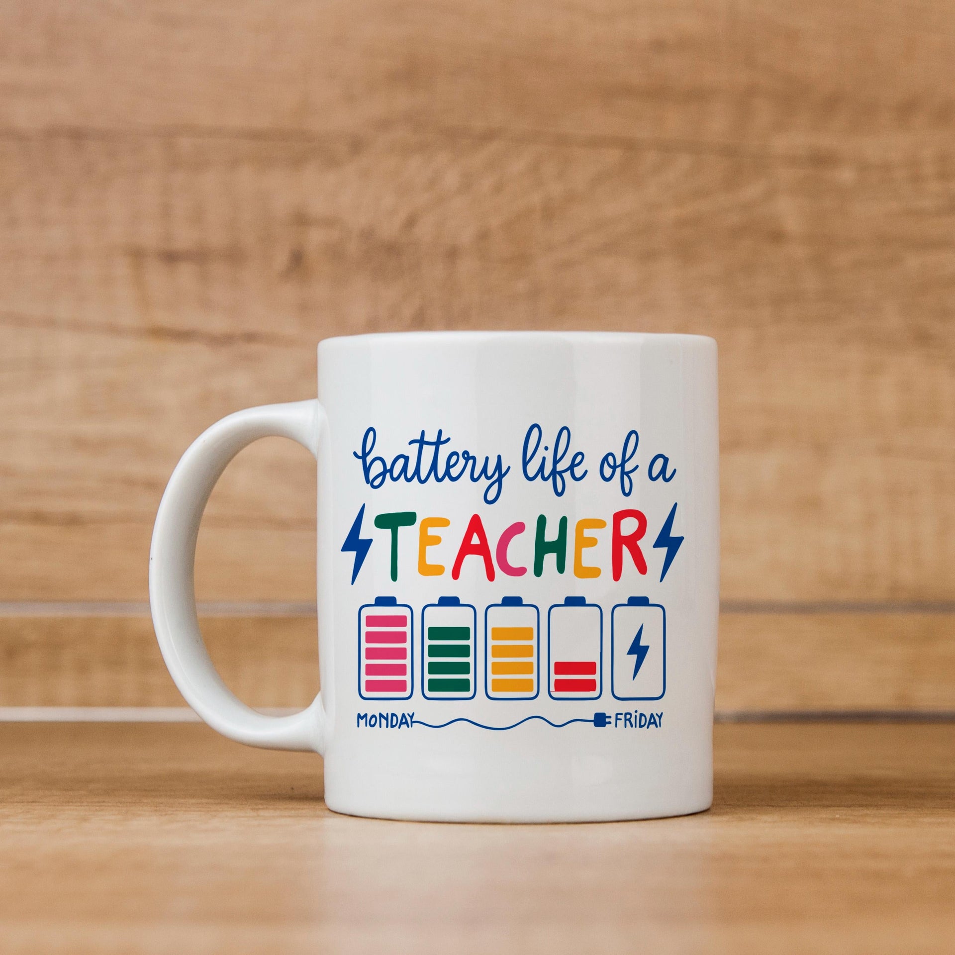 Funny Teacher Mug - Colorful Battery Graphic Ceramic Coffee Cup | Teacher Appreciation Gift