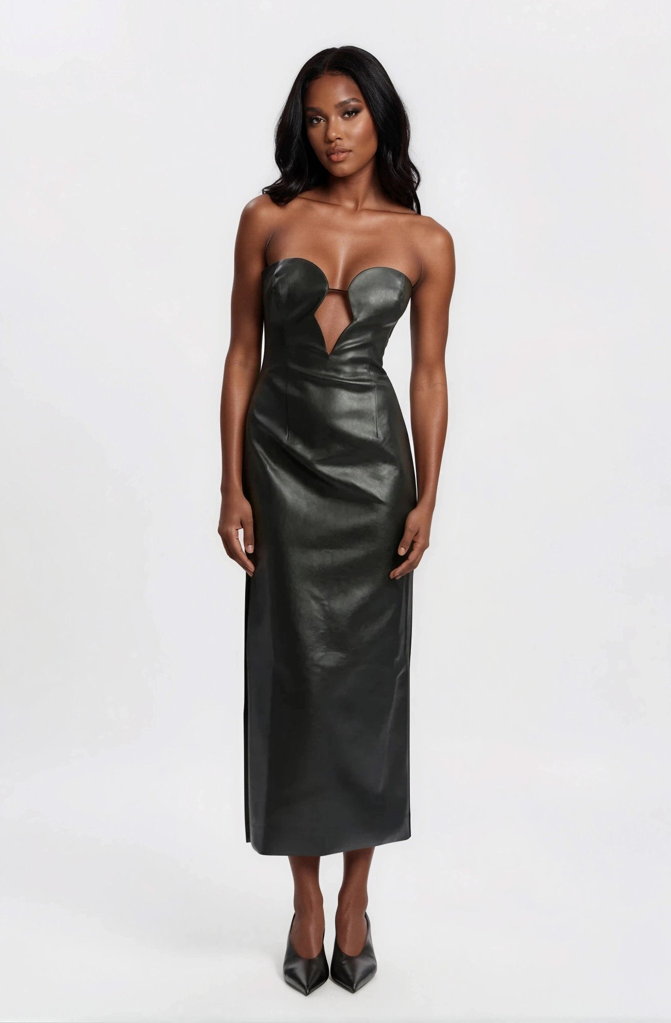 Eleni Vegan Leather Midi Dress - Black (Final Sale)