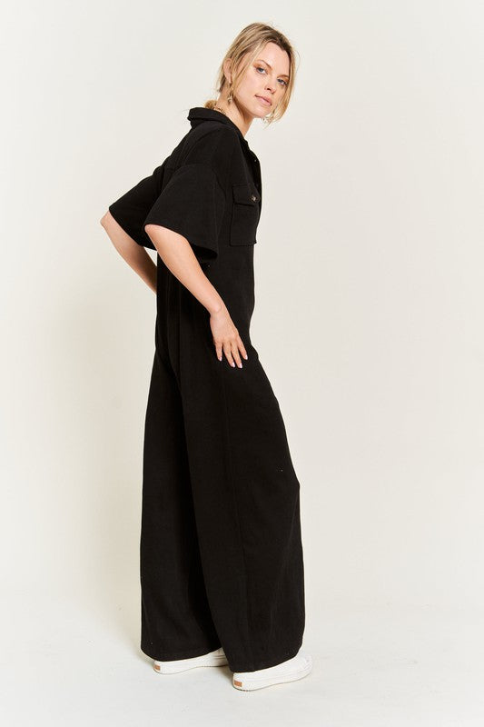 Jade by Jane Women's Basic Collar Shirt Wide Leg Jumpsuit