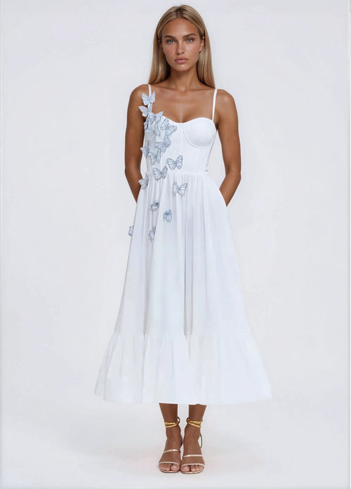 Flutter Poplin Butterfly Midi Dress – Off White (Final Sale)