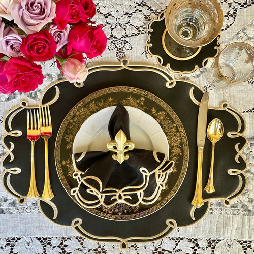 CELESTIA BLACK OVAL FAUX LEATHER PLACEMAT & NAPKIN & COASTER SET