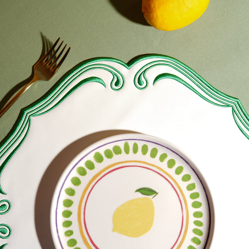 ROYAL WHITE GREEN TRIM SQUARE FAUX LEATHER PLACEMAT