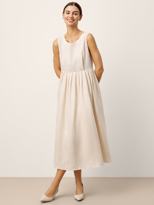 100% Linen Sleeveless Crew Neck Waist Pleated Midi Dress SELENE