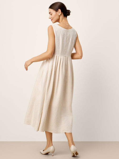 100% Linen Sleeveless Crew Neck Waist Pleated Midi Dress SELENE