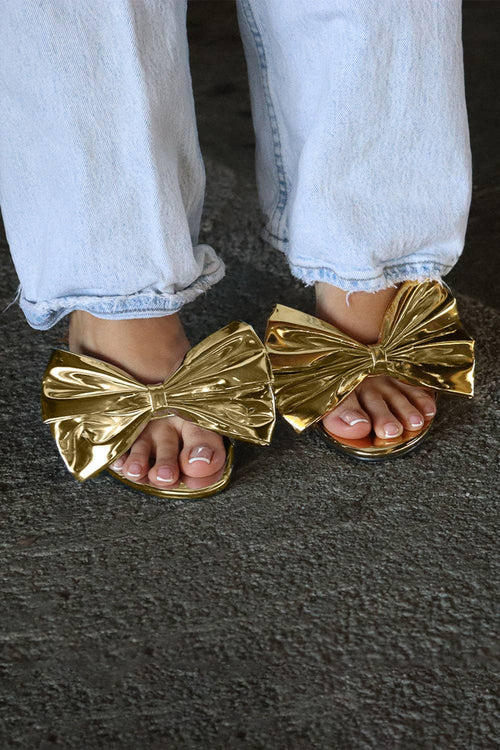 KALIA Gold Metallic Bow Mule - Elegant Stylish Comfort for Parties & Nights Out
