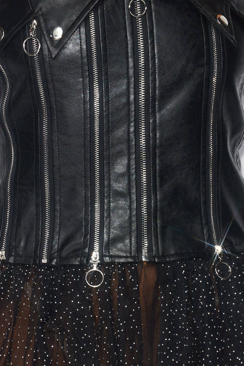 Kayla Contrast Mesh Faux Leather Strapless Tutu Dress | Punk Rock Goth Glam Zipper Dress
