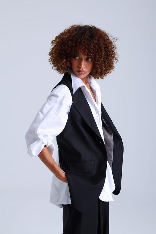 Broadway Liza Longline Virgin Wool Waistcoat in Deep Black