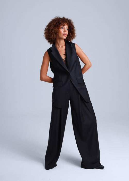 Broadway Liza Longline Virgin Wool Waistcoat in Deep Black