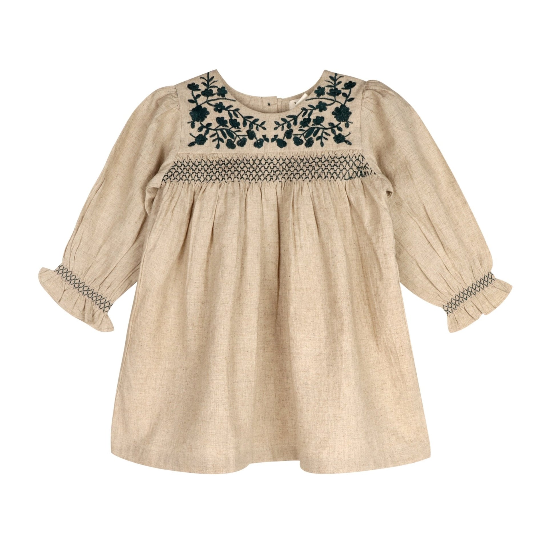 Meadow Breeze Linen Embroidered Oasis Dress | Girls' Smocked Linen Dress