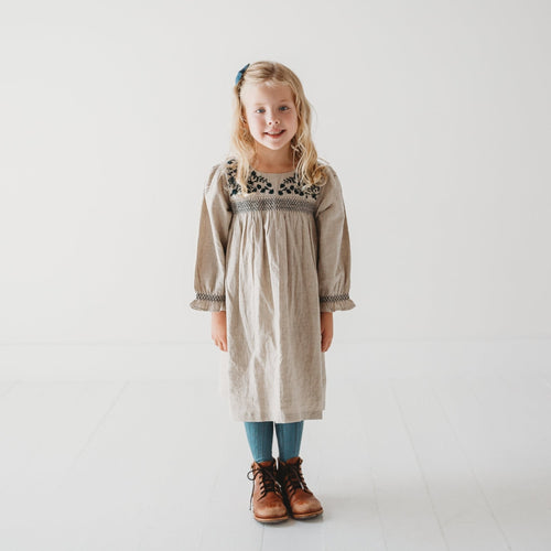 Meadow Breeze Linen Embroidered Oasis Dress | Girls' Smocked Linen Dress