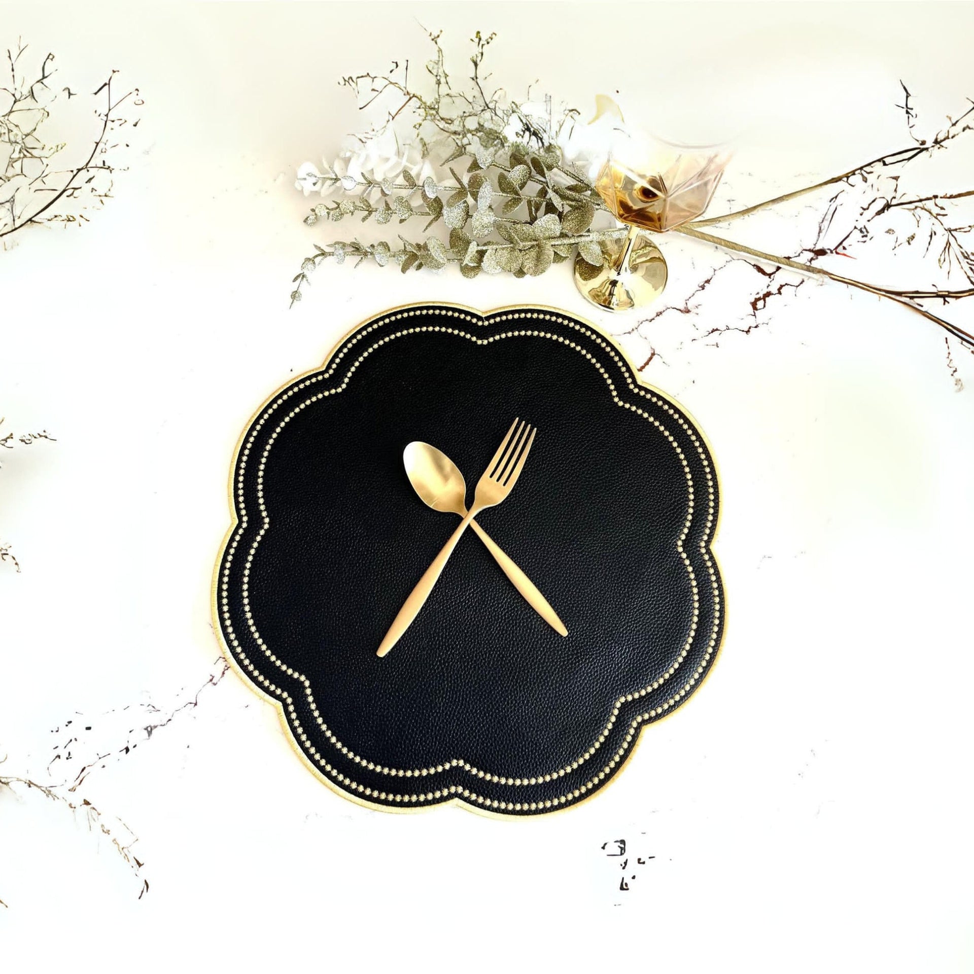 NURTURE BLACK GOLD SCALLOPED FAUX LEATHER PLACEMAT