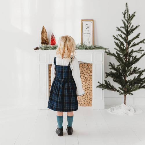 Pinafore Dress in Blue Plaid Cord With Ribbed Top
