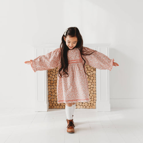 Pink Ditsy Floral Corduroy Dress | Girls’ Lace Trim Autumn Dress