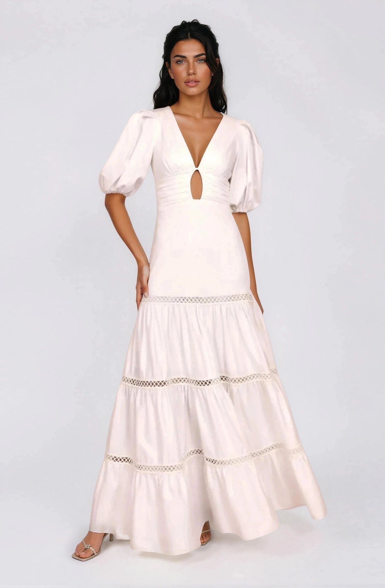 Plunge Sleeve Long Dress – White (Final Sale)