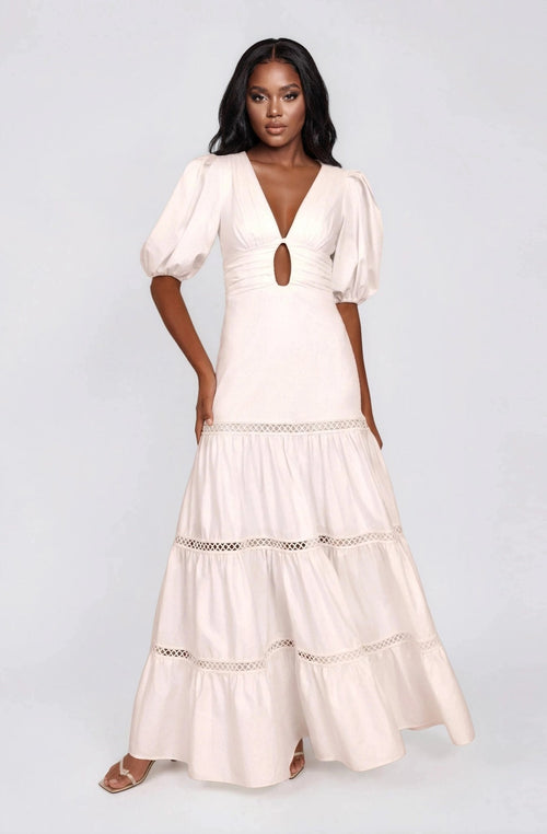 Plunge Sleeve Long Dress – White (Final Sale)