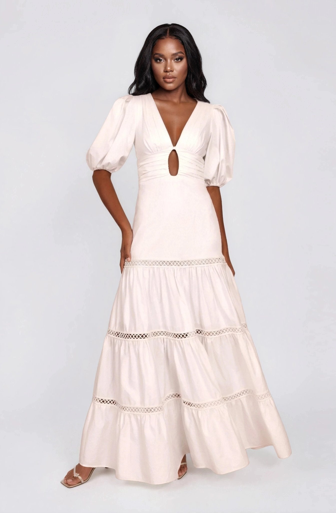 Plunge Sleeve Long Dress – White (Final Sale)