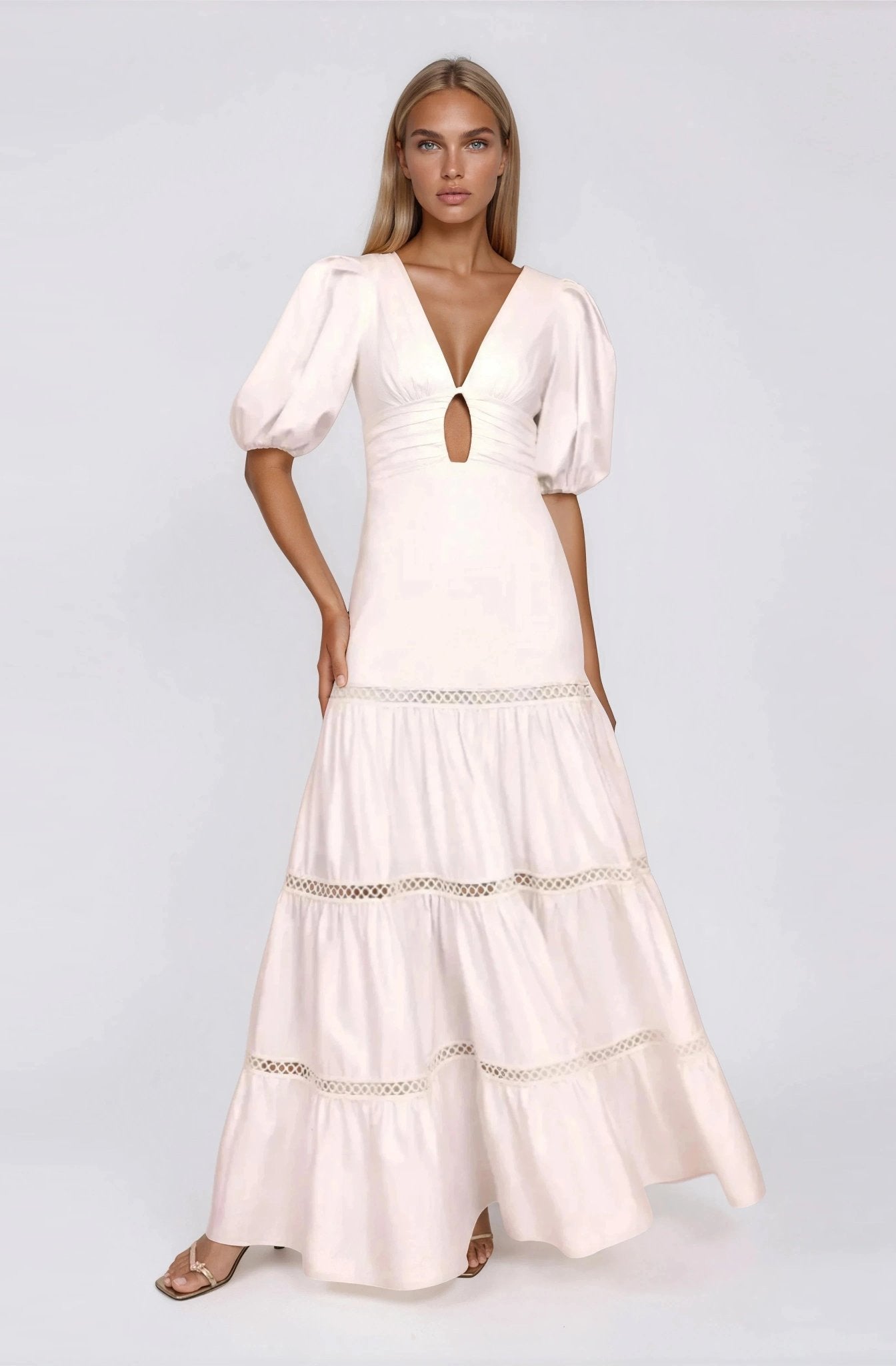 Plunge Sleeve Long Dress – White (Final Sale)