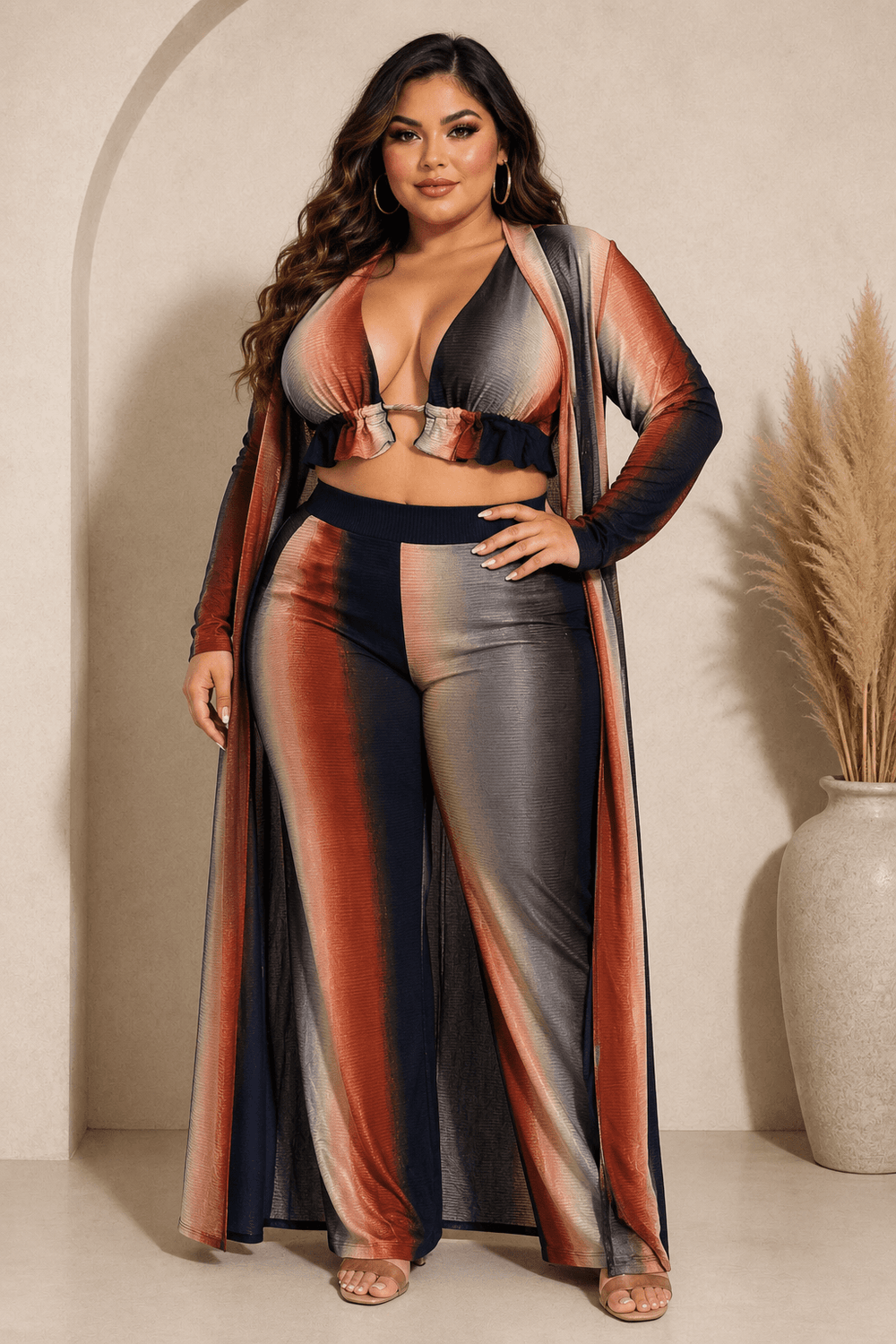 Ombre Plus Size Three Piece Rib Crop Top Pant Set With Cardigan