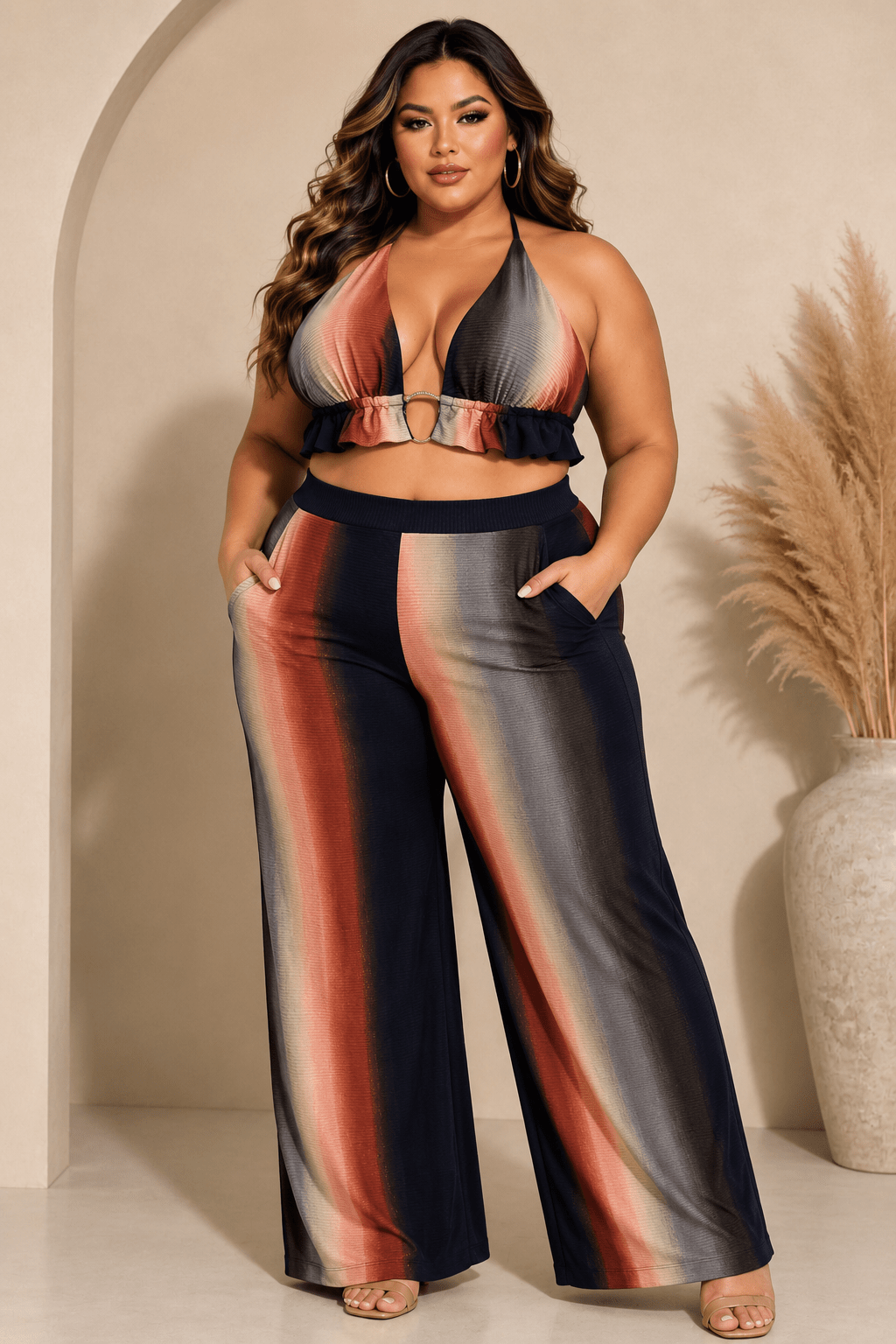 Ombre Plus Size Three Piece Rib Crop Top Pant Set With Cardigan