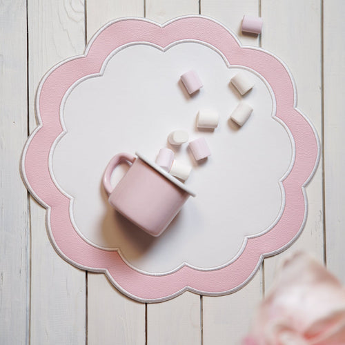 SERENITY WHITE & PINK SCALLOPED FAUX LEATHER PLACEMAT