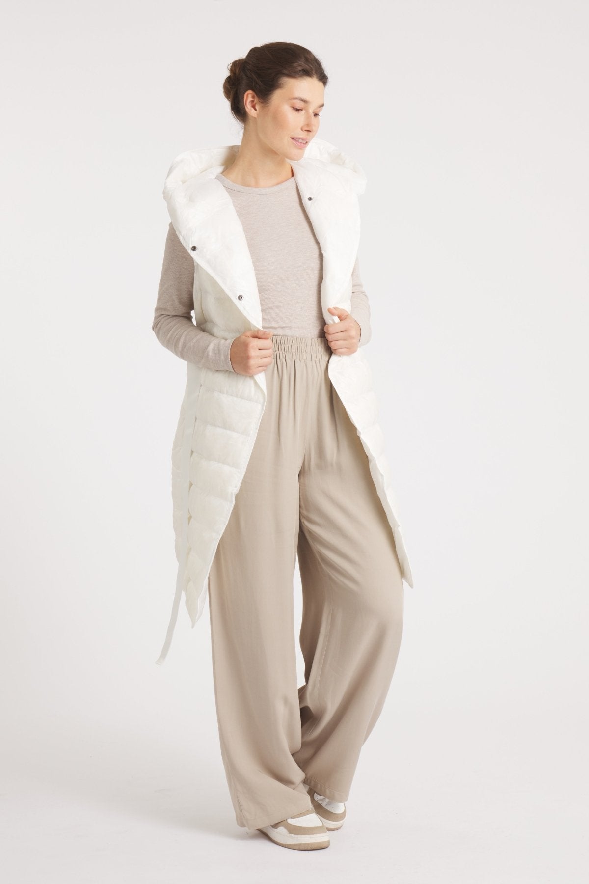 The Camden | Long Hooded Down Vest | Ivory