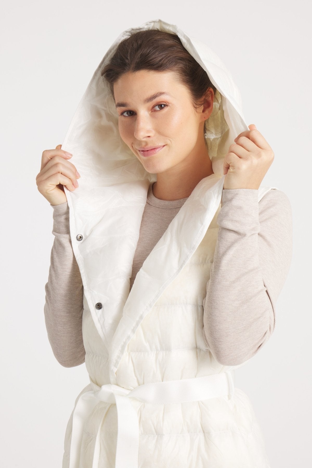 The Camden | Long Hooded Down Vest | Ivory