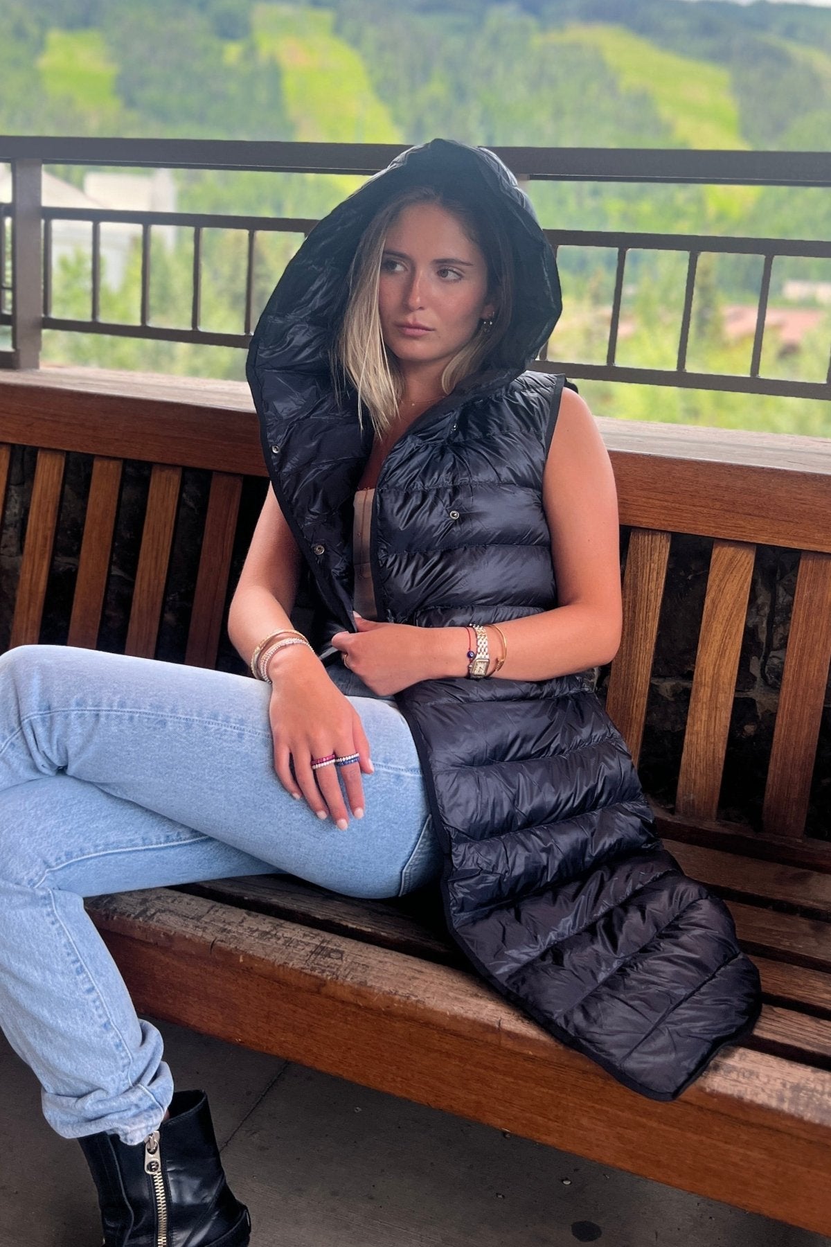 The Camden | Long Hooded Down Vest | Midnight Black