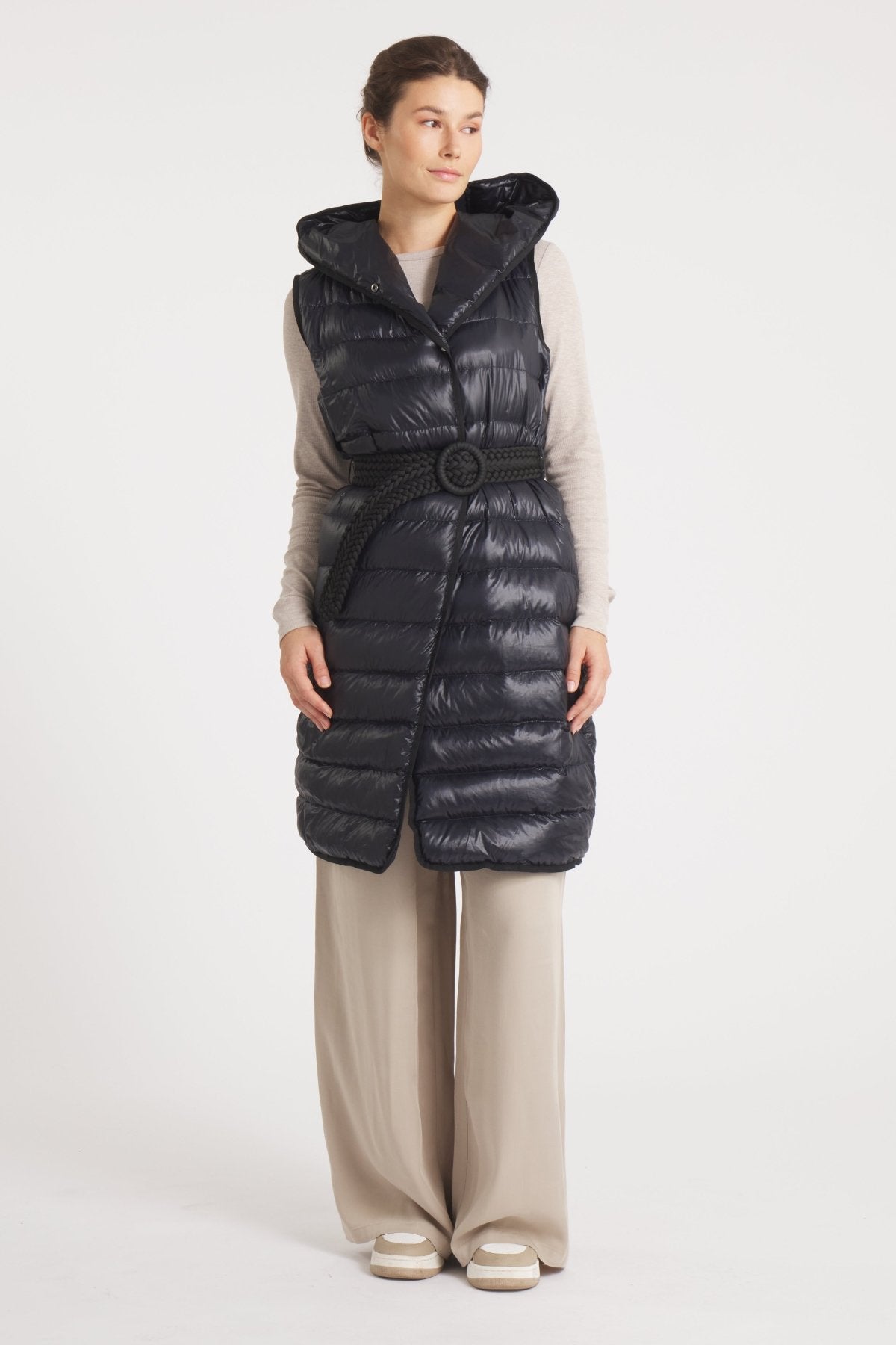 The Camden | Long Hooded Down Vest | Midnight Black