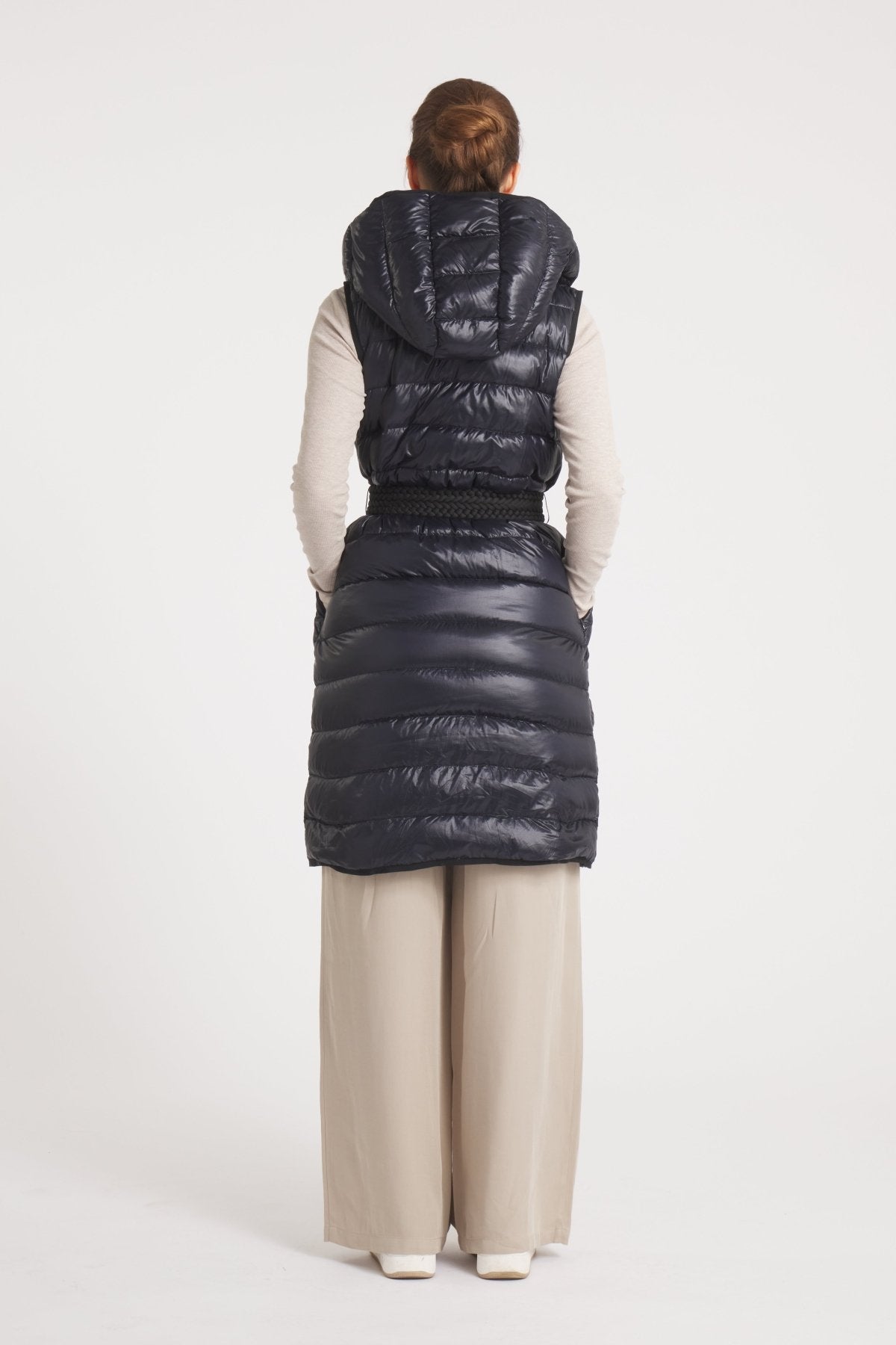 The Camden | Long Hooded Down Vest | Midnight Black