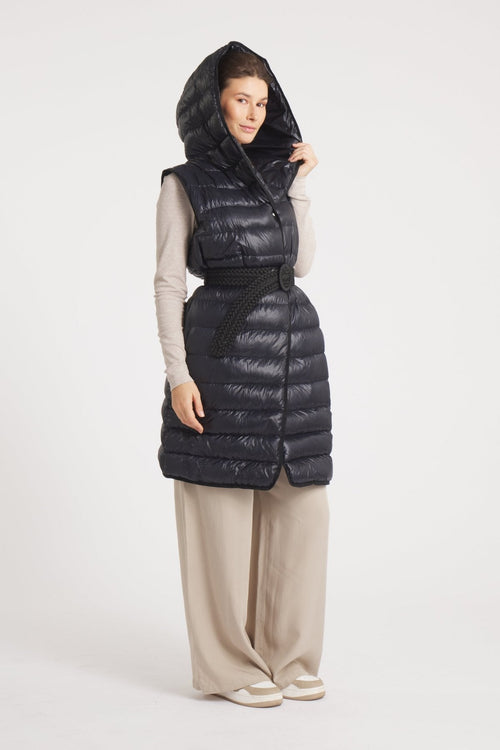 The Camden | Long Hooded Down Vest | Midnight Black