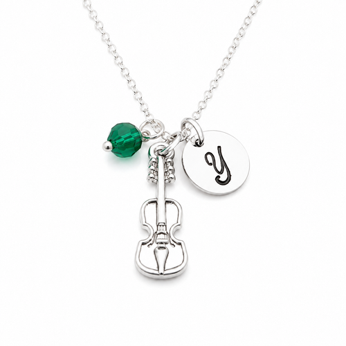 Personalized Violin Necklace – Sterling Silver with Birthstone & Initial Charm