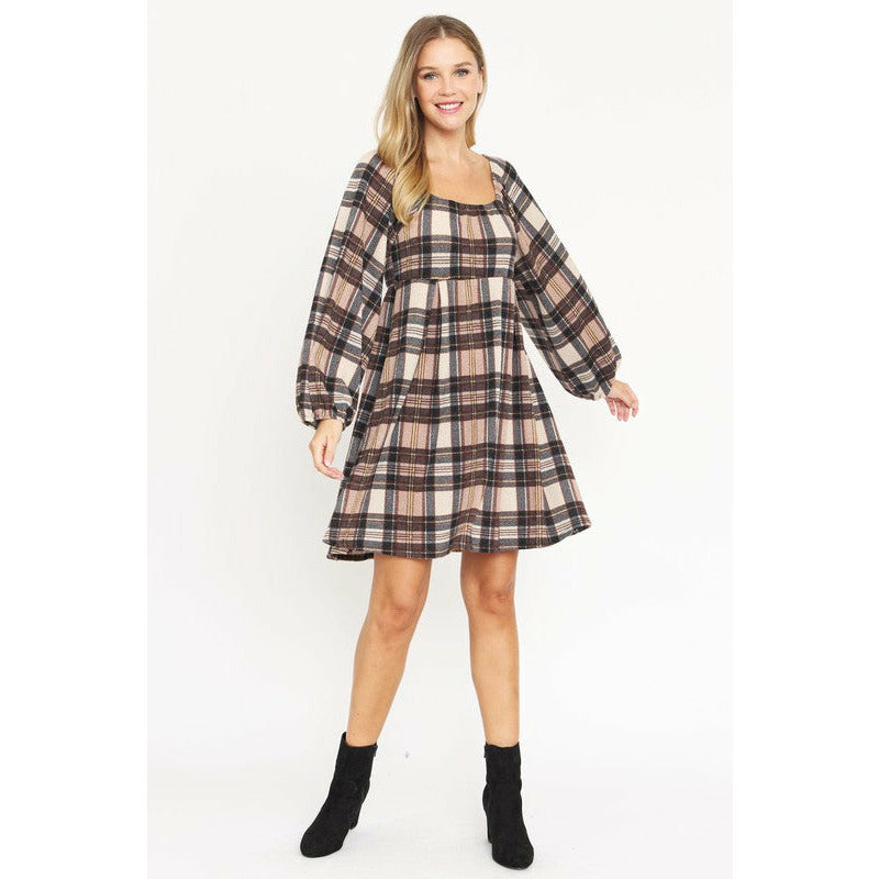 EG Fashion Plus Plaid Balloon Sleeve Midi Dress