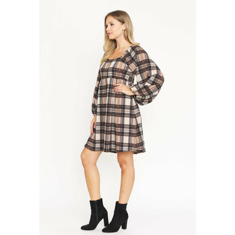 EG Fashion Plus Plaid Balloon Sleeve Midi Dress